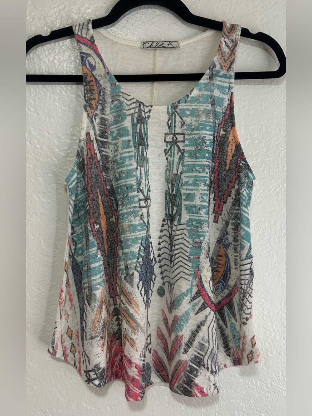 Chloe K Teal Multicolor Tribal Scoop Neck Tank